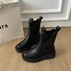 Botas para Mulheres 2025 Outono e Inverno Botas Curtas para Mulheres Estilo Britânico Botas de Solado Grosso e Salto Grosso Celebridade da Internet Meio da Panturrilha Moda Botas de Chaminé