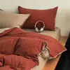 Conjunto de Quatro Peças de Algodão Lavado Tingido em Fio com Borda de Concha Xadrez Casual Conjunto de Três Peças de Lençóis de Cama Cobertura de Colcha de Algodão Puro para Dormitório Estudantil