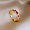 Anillo Abierto con Forma de Diamante Esmaltado Rojo Goteo de Aceite, Chapado en Oro Real de 18K, Anillo de Nicho de Alta Gama, Joyería Retro de Lujo Ligero para Mujeres