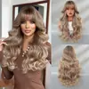 Pelucas Populares Europeas y Americanas para Mujer, Cabello Largo Ondulado Dorado Degradado con Flequillo Completo, Peluca Realista de Cabeza Completa para Uso Diario, 26 Pulgadas