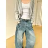 Jeans Elegante com Rivets Lavados de Raio de Baixa Cintura Reto para Mulheres, Calças Largas Vintage Lavadas para Outono Tendência