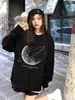 2025 Novo Outono e Inverno Estilo Coreano Casual e Versátil Retrô Americano Estampado Solto Que Cobre o Bumbum Gola Redonda Pulôver Moletom