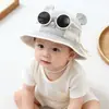 Sombrero de Bebé Estilo Verano con Gafas, Lindo Sombrero de Pescador Rayado para Niños y Niñas, Sombrero Tipo Cubo para Bebés con Protección Solar