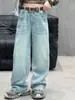Jeans con Forro de Felpa para Niñas 2026 Otoño/Invierno Nuevo Estilo para Niños Medianos y Mayores Parche de Cuero Pantalones de Pierna Ancha Pantalones de Pierna Recta Ropa Infantil Huzhou Zhili