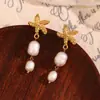 Brincos Nicho Retrô Estilo Ins Europeu e Americano Aço Inoxidável Banhado a Ouro 18K Pingente de Estrela do Mar Pérola Brincos com Franja para Mulheres