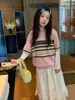 YX roupas infantis suéter para meninas 2026 outono novo estilo coreano bloqueio de cor listra ondulada suéter de manga curta versátil e moderno