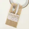 Bolsa para cubiertos de fiesta navideña hecha de yute y arpillera con ribete de encaje, estilo básico para fiesta, boda y vajilla festiva