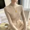 Suéter de cachemira de cuello alto medio sin costuras para mujer, capa base ajustada, suéter interior de punto, tejido adelgazante