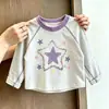 Camiseta de manga raglán color block estilo coreano para niñas con lindo estampado de gato, camiseta de algodón puro versátil con cuello redondo para niños