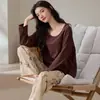 Pijamas de algodón Amazon ultracómodos en stock para mujer, otoño e invierno, manga larga, pantalón largo, sin capucha, se pueden usar fuera, conjunto de dos piezas para casa