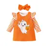 Fantasia de Halloween para Bebê Desenho Animado Morcego Fantasma Aplique Saia de Veludo Cotelê Manga Longa Listrada Conjunto de Três Peças para Bebê