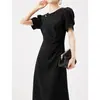 Elegante vestido negro corto de triacetato, vestido negro estilo francés, vestido midi de verano para mujer 2026