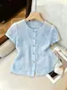 Blusa Ligera de Lujo de Manga Corta con Cuello Redondo Transfronteriza Europea y Americana de Amazon, Cárdigan Corto de Moda Delgado que Ceñe la Cintura para Mujer