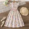 Estilo Novo Primavera e Verão 26 Roupas Infantis Amazon Transfronteiriças, Vestido Rodado Elegante com Estampa Floral e Mangas Leves Ajustado na Cintura