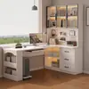Mesa de canto em L com estante integrada, painel perfurado, armário de exposição de vidro, mesa de computador para casa, atacado do fabricante