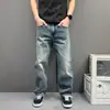 Jeans de perna reta com respingos de tinta azul claro estilo INS coreano para homens, primavera e outono, solto, com caimento, preguiçoso, emagrecedor, versátil, calça comprida