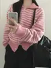 Cardigan Tricotado Casual Listrado Clássico Relaxado com Lapela para Mulheres Design Outono e Inverno Suéter Jaqueta Preguiçoso Solto Grosso