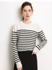 Suéter de Cashmere para Mulheres, Gola Redonda Solta, Estilo Curto Listrado, Suéter de Malha de Manga Longa para Usar por Baixo ou por Cima, Novo Estilo Outono e Inverno
