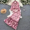 Conjunto de Duas Peças Rosa Estampado Estilo Romântico Francês para Mulheres, Conjunto Elegante e Emagrecedor com Amarração para o Outono
