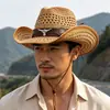 Sombrero vaquero de paja tejida con diseño calado estilo retro americano para hombre y mujer, sombrero vaquero versátil para protección solar de verano
