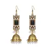 Brincos de sino e pérola de estilo étnico dourados vintage transfronteiriços para mulheres, estilo boêmio, design quadrado, cravejados de diamantes, brincos da moda