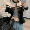 Chaqueta Corta de Cuero Sintético para Mujer, Estilo Urbano de Motociclista, Bloques de Color, Letras, Botones, Cremallera, Chaqueta de Béisbol Ajustada para Primavera y Otoño