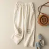 Pantalones Harlan de algodón y lino con bordados y encaje artístico para mujer, hasta el tobillo, holgados e informales, de verano