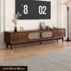 Juego de Mueble de TV y Mesa de Café, Tejido de Ratán Vintage con Marco de Madera Maciza, Mueble de Almacenamiento Estilo Francés para Sala de Estar, Cómoda Doméstica para Apartamento Pequeño
