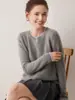 Suéter de cashmere simples 100% puro com blocos de cor, gola redonda, para mulheres, blusa de base de tricô de manga comprida, versátil e que afina