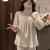 Pijama estilo palácio para mulheres, nova coleção primavera e outono 2026, manga longa doce de princesa, conjunto de loungewear de alta qualidade, adequado para usar fora