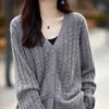 Cardigan de Cor Sólida com Decote V Novo Estilo para Primavera e Outono para Mulheres, Versão Coreana Suéter Retrô de Tricô Trançado, Peça de Tricô Solta com Manga Longa Tendência