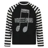 Top de manga larga raglán a rayas blancas y negras, diseño retro americano desgastado con notas musicales, cuello redondo rejuvenecedor, camiseta básica casual unisex