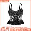 Top de Amarrar no Pescoço Feminino Justo com Renda Preta na Barra Plissada com Argola de Aço, Alças Transparentes, Sutiã Sexy