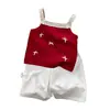 Conjunto de Moda Coreana de Verano para Niñas Conjunto de Dos Piezas con Top Rojo de Tirantes con Lazo y Pantalones de Pierna Ancha para Niños de 1 Año Ropa de Verano