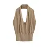 Colete Tricô Slim Gola Halter Estilo Francês Único para Mulheres, Top Sem Mangas Costas Abertas V-neck de Verão para Meninas Modernas