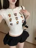 Camiseta de Manga Curta Cinza com Bolinhas e Desenho de Gatinho, Estilo Coreano de Verão para Mulheres, Top Fofo Elástico Slim Fit Emagrecedor