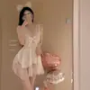 Lencería Sexy de Malla de Lunares Ropa de Dormir Dulce Camisón con Tirantes y Lazo Ropa de Casa Conjunto Puro Deseo para Mujer