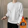 Camiseta masculina de manga longa para outono e inverno, marca da moda, corte solto, forrada com fleece, espessa, camiseta básica casual, moletom com gola redonda para jovens estudantes