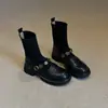 Primeiro Encontro Ji Botas de Cano Curto com Salto Grosso e Fivela de Metal Elásticas no Tornozelo Estilo Academia Retrô Botas de Tricô Emagrecedoras para Mulheres Versáteis Botas Meia Soca