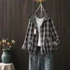 Jaqueta curta com capuz xadrez artística retrô para mulheres, jaqueta de outono solta com cordão, camisa de gaze de algodão de camada dupla estilo casual
