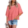 2026 Amazon Transfronterizo Verano Nuevo Estilo Europeo y Americano Patchwork Color Sólido Cuello Redondo Holgado Top Camiseta con Mangas de Tres Cuartos Acampanadas