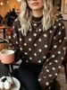 Suéter de punto de cuello alto a lunares, superventas transfronterizo para otoño e invierno para mujer, con bloques de color, corte holgado, hombros caídos, puños acanalados y un estilo casual retro francés