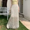 Saia Longa Feminina Vintage de Renda Crochê Vazado 2026 Verão Nova Slim Cintura Alta Reta Linha A