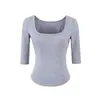 Camiseta Feminina Manga Média Gola Quadrada Estilo Desejo Puro Verão 2026 Nova Justa Sexy Camisa Básica Top Curto de Cintura Alta
