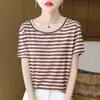 Top de punto de Lyocell a rayas de bloques de color para verano, cuello redondo, manga corta, estilo coreano, top a rayas simple para mujer para usar como capa exterior