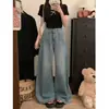 Jeans de Pierna Ancha de Diseño Retro Americano para Mujer en Verano Cintura Alta Talla Grande Holgados Adelgazantes con Caída Rectos Largos hasta el Suelo