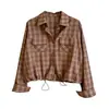 Camisa xadrez curta com cordão para mulheres petite, novo top jaqueta versátil de manga comprida estilo retrô coreano de outono, com modelagem solta