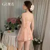 Rojo Deseo Puro Malla Profundo V Caliente Transparente Espalda Descubierta Fruncido Almohadillas Extraíbles en el Pecho Bata de Noche Atado Conjunto de Bata Exterior M7176