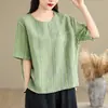 Blusas Listradas de Algodão e Linho Retrô de Verão para Mulheres, Camisas Artísticas, Camisetas Elegantes, Blusas de Manga Curta para o Verão