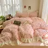 Conjunto de Quatro Peças de Veludo Leite Menina Inverno Renda Veludo Coral Capa de Edredom Conjunto de Roupa de Cama de Três Peças Plus Veludo Lençóis de Cama 4